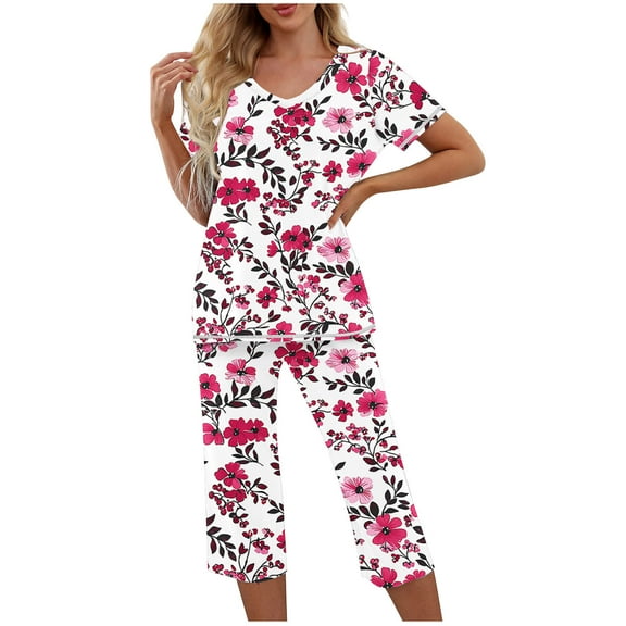 YUGYXL Women's Graphic Pajamas Set Short Sleeve V-Neck Shirt Pjs Sets 2 Piece Loungewear Sleepwear A Hot Pink S