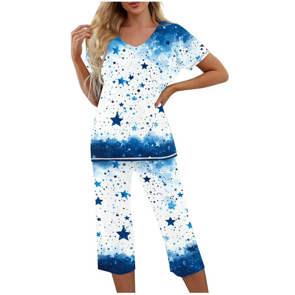 YUGYXL Women's Graphic Pajamas Set Short Sleeve V-Neck Shirt Pjs Sets 2 Piece Loungewear Sleepwear Blue XL