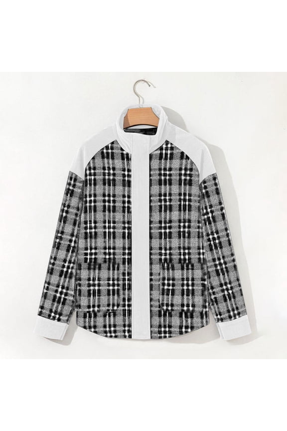Women's Gray Plaid Corduroy Patchwork Collared Zip-Up Snap Button Jacket for Fall White M