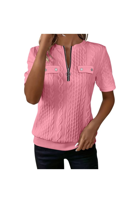 Women's Half Zip Quilted Shirts Crew Neck Short Sleeve Pullover Tops Textured Solid Summer Blouses Casual Basic Shirt Pink Tops XXL