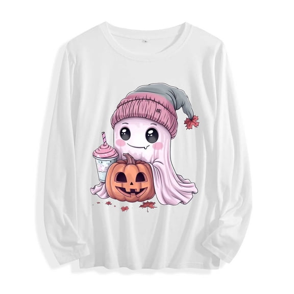 YUGYXL Women's Halloween Sweatshirts Pumpkin Ghost Graphic Long Sleeve Casual Crewneck Pullover Tunic Tops White XXL