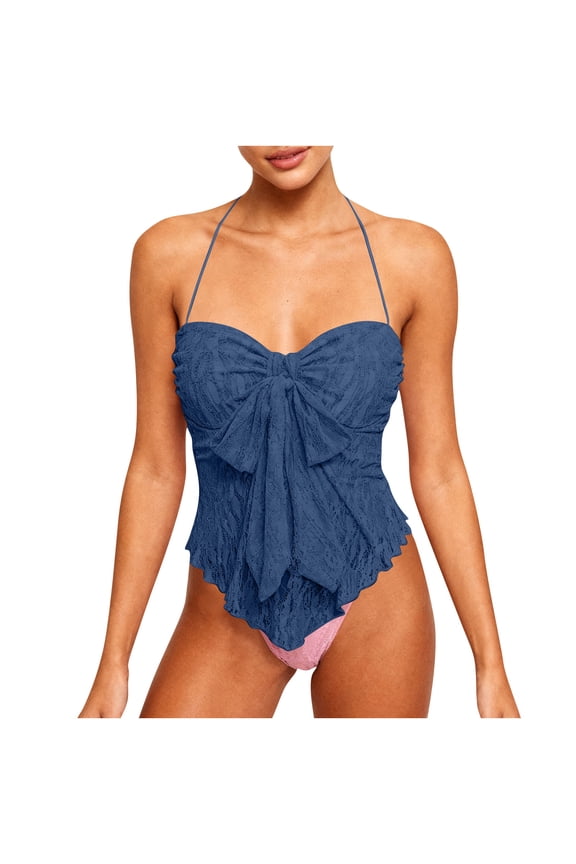 Women's Halter Neck Lace Tops Bow Knot Front Backless Y2K Tank Party Club Night Out Clothes Navy L