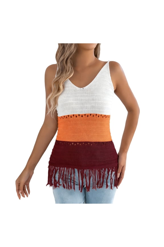 Women's Hollow Out Fringe Knitted Tank Top Sheer Sleeveless Long Sweater Vests V Neck Color Block Boho Summer Vest Orange L
