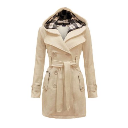 YUGYXL Women's Hooded Double-Breasted Thick Wool Trench Coat Jacket Winter Mid-Long Pea Coat with Belt Beige XXL