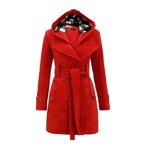 YUGYXL Women's Hooded Double-Breasted Thick Wool Trench Coat Jacket Winter Mid-Long Pea Coat with Belt Red XXXL