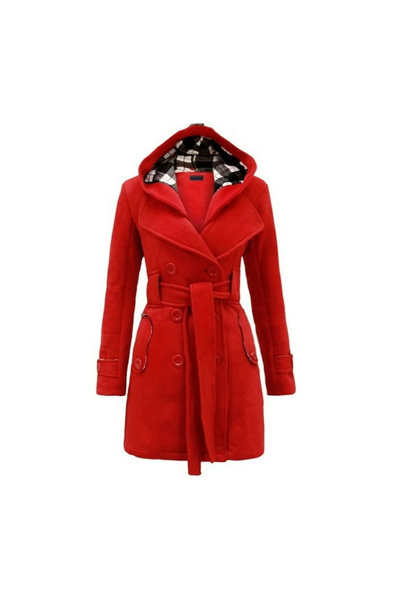 Women's Hooded Double-Breasted Thick Wool Trench Coat Jacket Winter Mid-Long Pea Coat with Belt Red XXXL