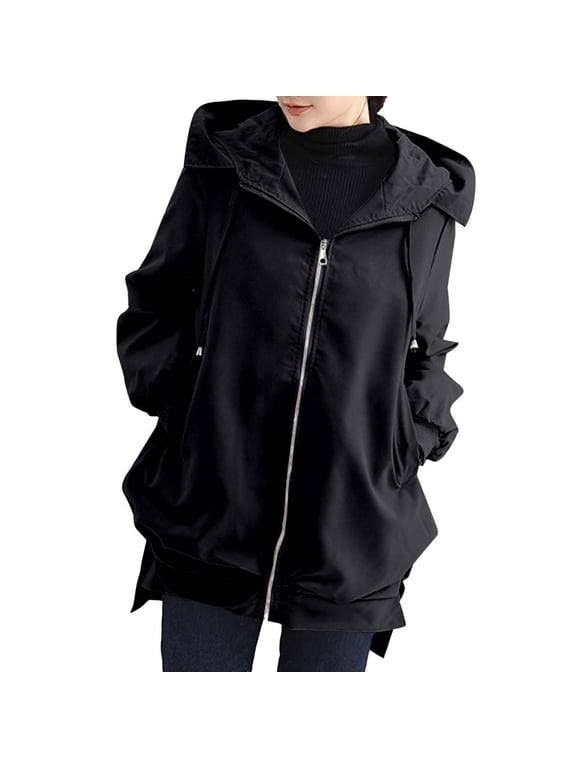 Women's Hooded Trench Coat Zip Up Long Sleeve Lightweight Windbreaker with Pockets Black Jackets XXL