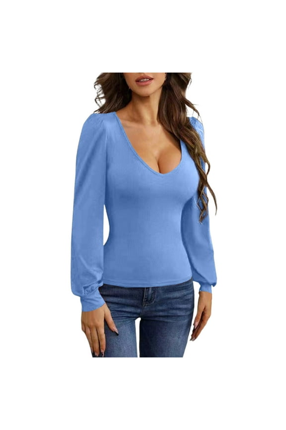 Women's Knit Shirt Soft Puff Long Sleeve Blouse Tops Lightweight Low V Neck Tunic Slim Fit Solid Casual Clothing Dark Blue XXL