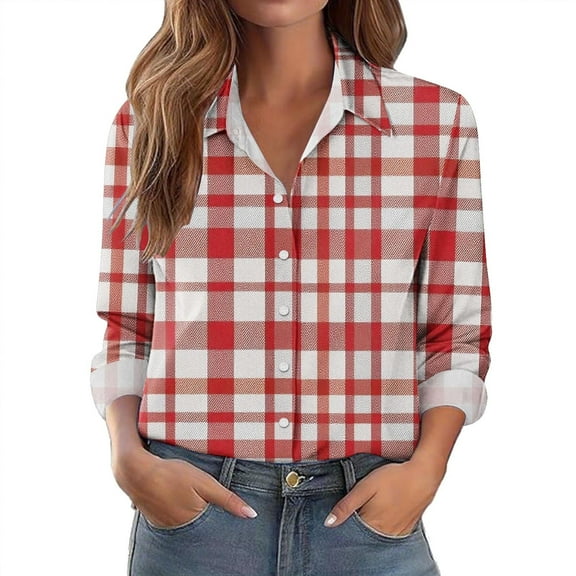 YUGYXL Women's Lapel Shirts Long Sleeve Plaid Button Down Tops Ladies Elegant Dressy Blouse Cozy Lightweight Shirt Red S