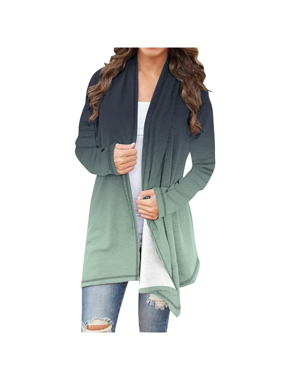 Women's Lightweight Ombre Cardigans Open Front Long Sleeve Fall Knitted Draped Duster Sweater Coats with Pockets Dark Gray Cardigans
