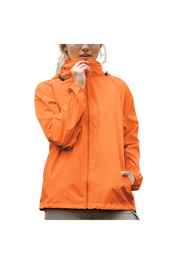 Women's Lightweight Rain Jacket Waterproof Packable Raincoat Sun Protection Hoodies Golf Hiking Travel Windbreaker Orange XS