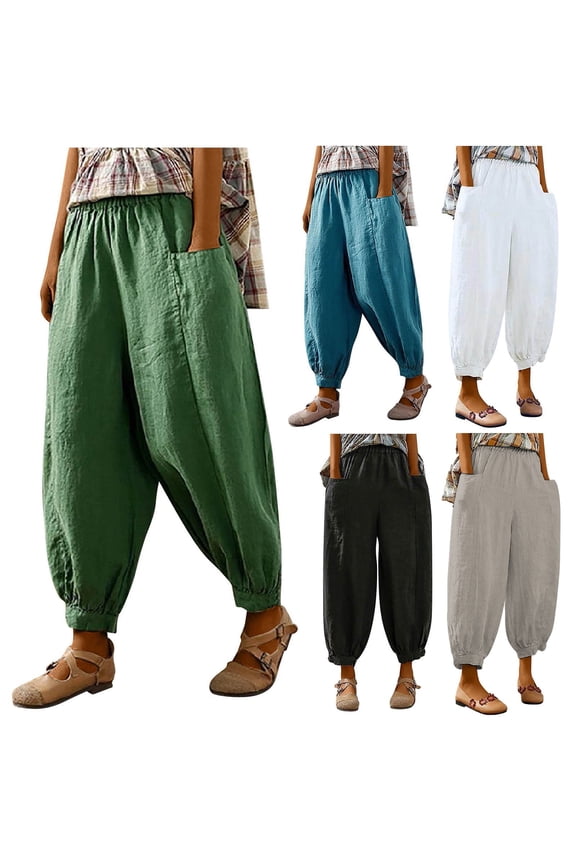 Women's Linen Harem Pants Plus Size Tapered Pants Loose Fit Elastic Waist Trousers Summer Casual Pant with Pockets Beige XXL