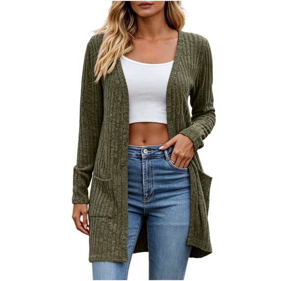 YUGYXL Women's Long Cardigan Sweaters, Open Front with Side Pockets | Ribbed Fabric, Soft Layering Cardigan For Women Army Green Cardigans