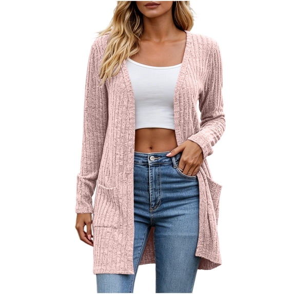 YUGYXL Women's Long Cardigan Sweaters, Open Front with Side Pockets | Ribbed Fabric, Soft Layering Cardigan For Women Pink Cardigans