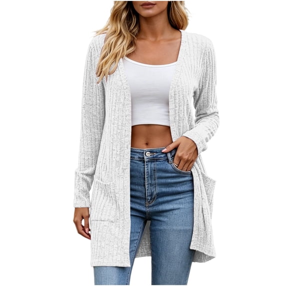 YUGYXL Women's Long Cardigan Sweaters, Open Front with Side Pockets | Ribbed Fabric, Soft Layering Cardigan For Women White Cardigans