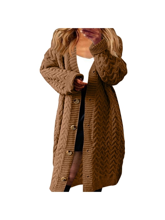 Women's Long Lantern Sleeve Button Down Chunky Cable Knit Sweater Cardigan Maxi Cocoon Coat Outerwear Winter Jacket Brown Jackets L