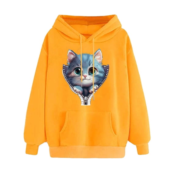 YUGYXL Women's Long Sleeve Hoodies Drawstring Cute Graphic Hooded Pullover with Pocket Lounge Comfy Sweatshirts Yellow XXL