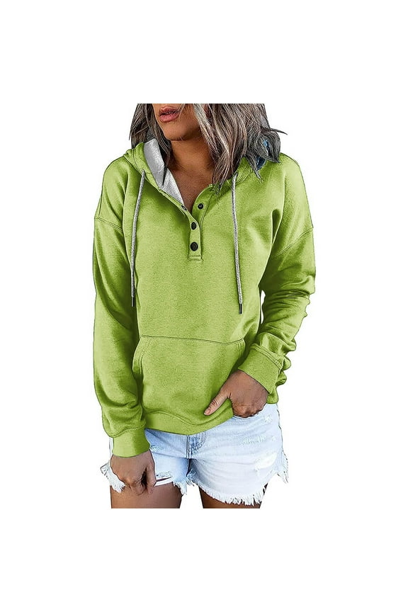 Women's Long Sleeve Hoodies Fall Thin Fleece Button V-Neck Pullover Tops Loose Solid Color Drawstring Hoodie Sweatshirt with Kangaroo Pocket Sale Green,S