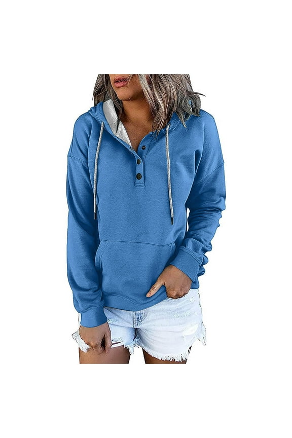 Women's Long Sleeve Hoodies Fall Thin Fleece Button V-Neck Pullover Tops Loose Solid Color Drawstring Hoodie Sweatshirt with Kangaroo Pocket Sale Blue,S