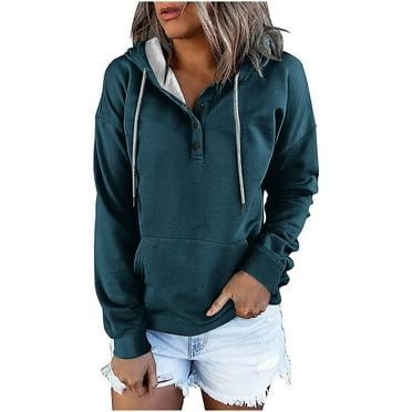 YUGYXL Women's Long Sleeve Hoodies Fall Thin Fleece Button V-Neck Pullover Tops Loose Solid Color Drawstring Hoodie Sweatshirt with Kangaroo Pocket Fall Savings Navy,L