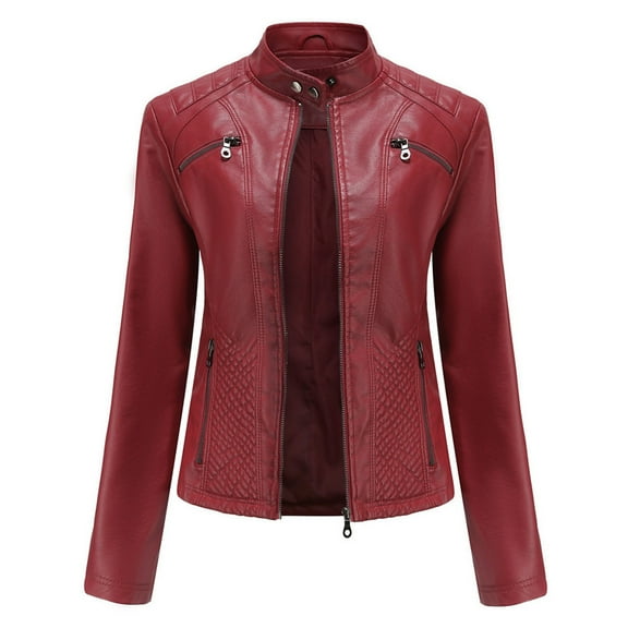 YUGYXL Women's Long Sleeve Leather Jacket Faux Leather Top Thermal Zipper Motorcycle Bike Zip Fashion Outerwear Wine XXXL