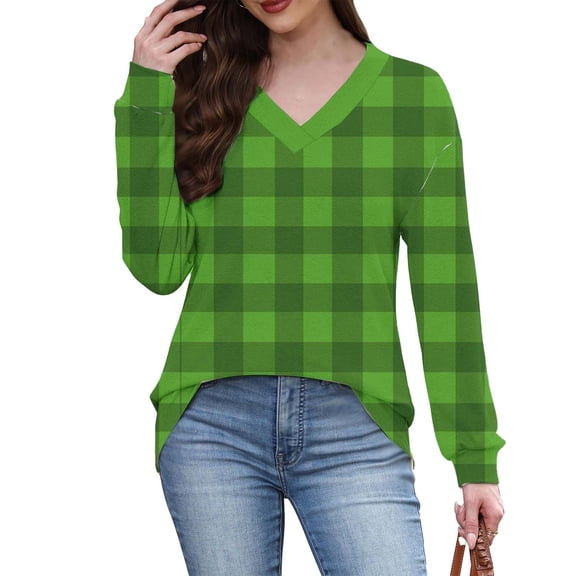YUGYXL Women's Long Sleeve Plaid T-Shirts Loose V Neck Tunic Tops Dressy Casual Ladies Color Block Tees Comfy Blouse Green L