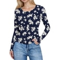 thumbnail image 1 of YUGYXL Women's Long Sleeve Shirts Ribbed Knit Slim Fit Tops Floral Printed Basic Tee Casual Stretch Crew Neck T-Shirts Blue Sweatshirt M, 1 of 6
