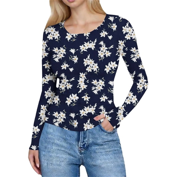 YUGYXL Women's Long Sleeve Shirts Ribbed Knit Slim Fit Tops Floral Printed Basic Tee Casual Stretch Crew Neck T-Shirts Blue Sweatshirt M