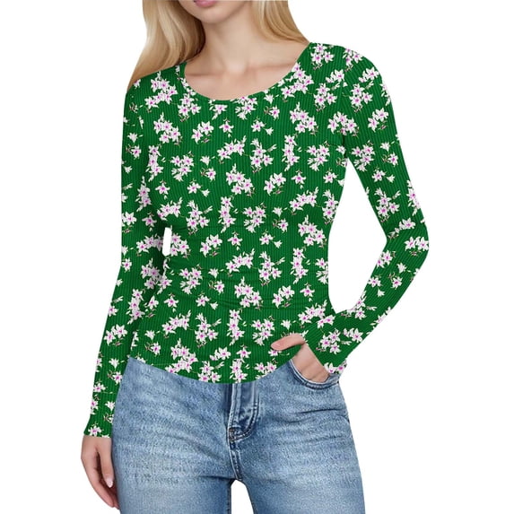 YUGYXL Women's Long Sleeve Shirts Ribbed Knit Slim Fit Tops Floral Printed Basic Tee Casual Stretch Crew Neck T-Shirts Green Sweatshirt S
