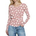 thumbnail image 1 of YUGYXL Women's Long Sleeve Shirts Ribbed Knit Slim Fit Tops Floral Printed Basic Tee Casual Stretch Crew Neck T-Shirts Pink Sweatshirt M, 1 of 6