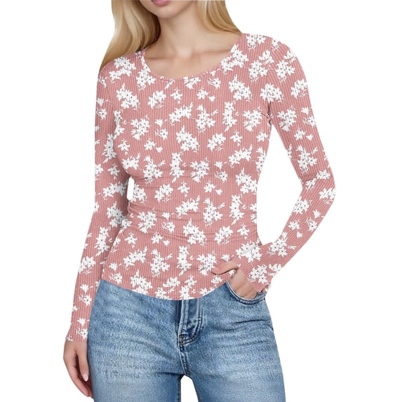 YUGYXL Women's Long Sleeve Shirts Ribbed Knit Slim Fit Tops Floral Printed Basic Tee Casual Stretch Crew Neck T-Shirts Pink Sweatshirt M