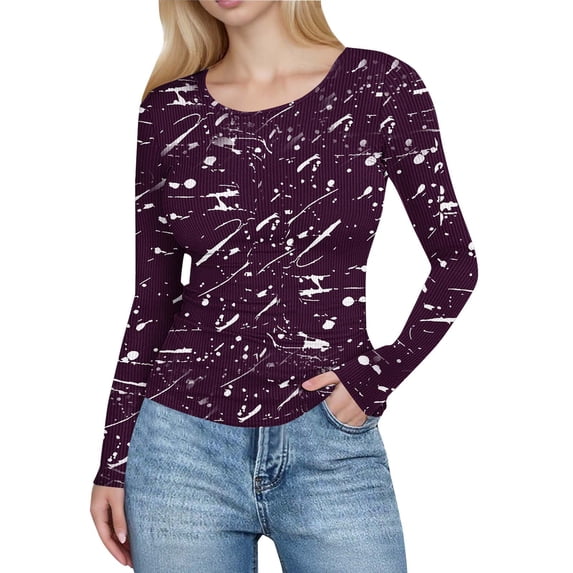 YUGYXL Women's Long Sleeve Shirts Ribbed Knit Slim Fit Tops Printed Basic Tee Casual Stretch Crew Neck T-Shirts
