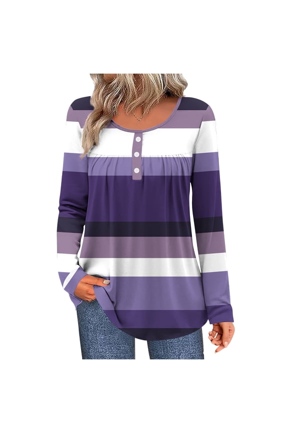 Women’s Long Sleeve Striped Henley Tops Casual Loose Fit Color Block Pullover Blouse Fall Winter Tunic Shirts Purple XXL