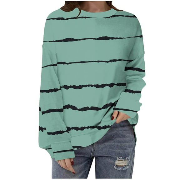 YUGYXL Women's Long Sleeve Striped Sweatshirt Fall Lounge Crew Neck Pullover Lightweight Comfy Sweatshirts Mint Green S
