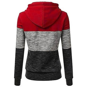 YUGYXL Women's Long Sleeve Sweatshirts Slim Fit Thin Fleece Hoodies Sweatshirt Casual Color Block Drawstring Pullover Tops Kangaroo Pocket Streetwear Clearance Sale Red,S