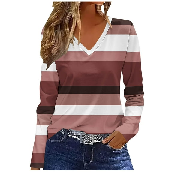 YUGYXL Women's Long Sleeve Tops Blouse Fall Casual Trendy Colourful Striped Color Block Crewneck Loose Shirts Clothes Pink M
