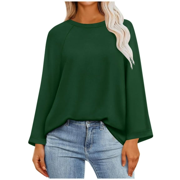 YUGYXL Women's Long Sleeve Tops Oversized T Shirts Loose Fit Tunic Shirts Casual Basic Blouses Trendy Fashion Clothes Green L