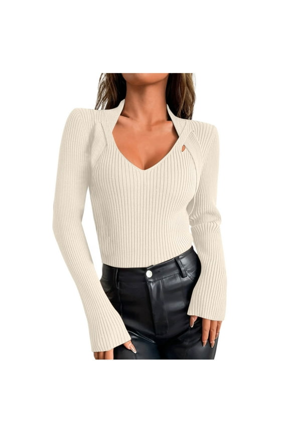 Women's Long Sleeve V Neck Ribbed Knit Sweaters Lightweight Fitted Sweater Pullover Solid Basic Casual Top Fall Winter Beige L