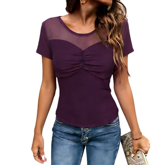 YUGYXL Women's Mesh Ruched Front Round Neck T Shirts Patchwork Short Sleeve Slim Fit Crop Top Trendy Y2K Going Out Tops Tee Purple S