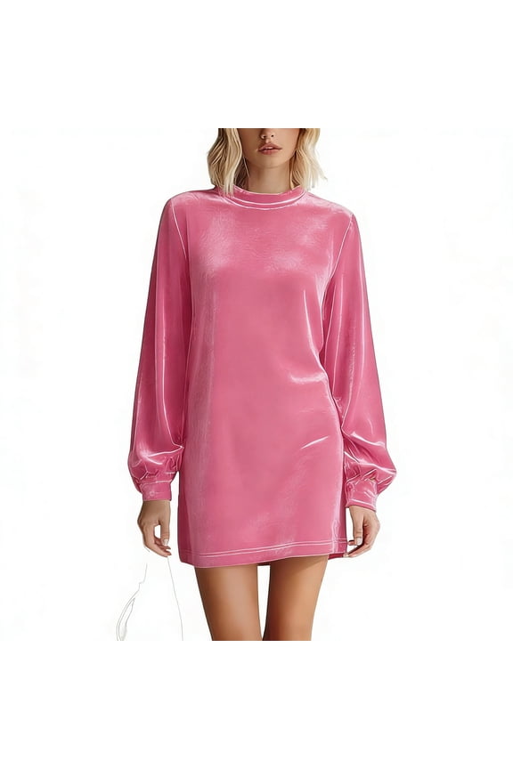 Women's Mock Neck Velvet Mini Dress Casual Long Sleeve Short Dress Elegant Velour Cocktail Club Party Dresses Pink S