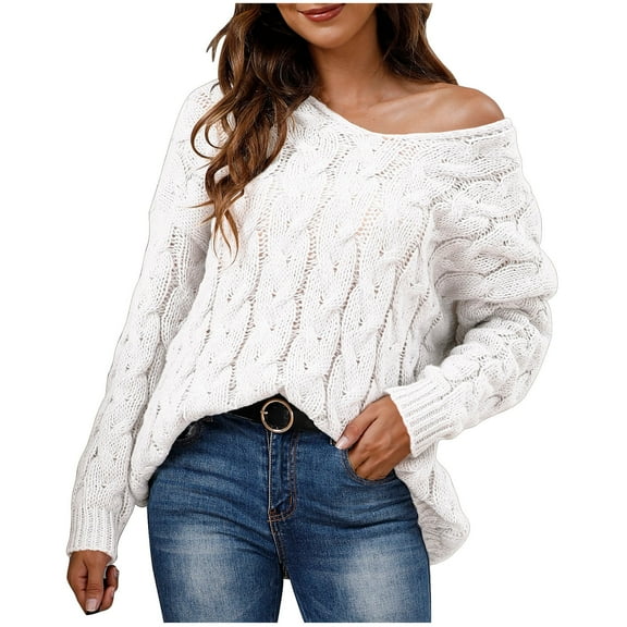 YUGYXL Women's Off Shoulder Sweater Cute Cable Knit Pullover Tops Oversized V Neck Long Sleeve Loose Lightweight Knitwear White XL