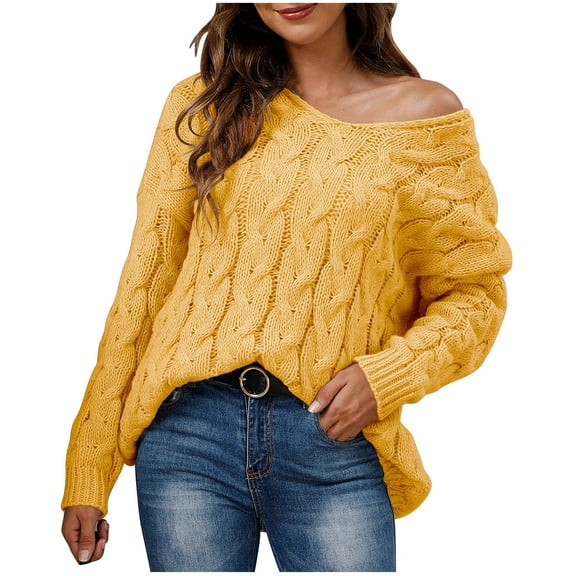 YUGYXL Women's Off Shoulder Sweater Cute Cable Knit Pullover Tops Oversized V Neck Long Sleeve Loose Lightweight Knitwear Yellow M