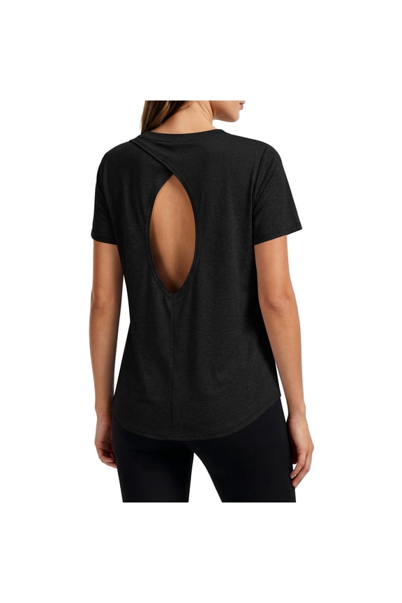 Women's Open Back Workout T-Shirt Short Sleeve Quick Dry Athletic Top Loose Fit Gym Yoga Tee for Running Exercise Black Tops XXXL