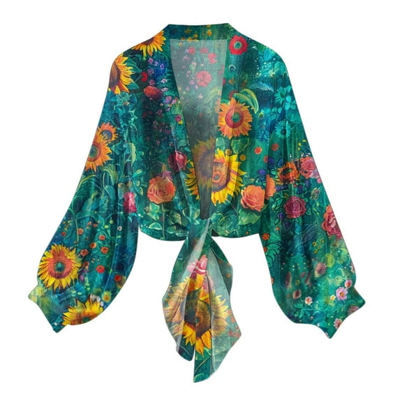 YUGYXL Women's Open Front Cardigans Trendy Flower Graphic Thin Cardigan Chiffon Tops A Multicolor S