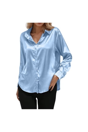 Women's Oversized Satin Silk Long Sleeve Button Down Shirt Blouse Top Summer Early Fall Spring Work Business Blouses Light Blue M