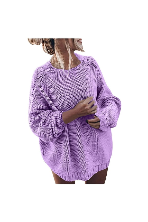 Women's Oversized Sweaters Batwing Sleeve Mock Neck Jumper Tops Chunky Knit Pullover Sweater Purple XL
