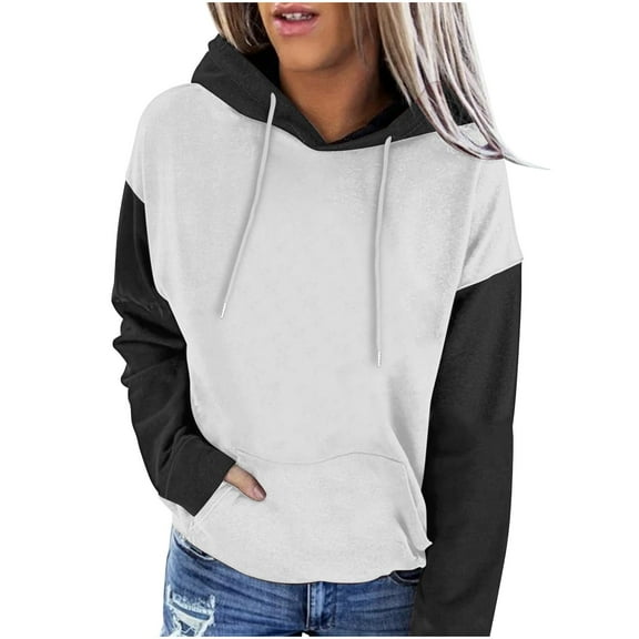 YUGYXL Women's Patchwork Hoodies Lounge Going Out Long Sleeve Sweatshirts Drawstring Comfy Regular Hoodie White XL