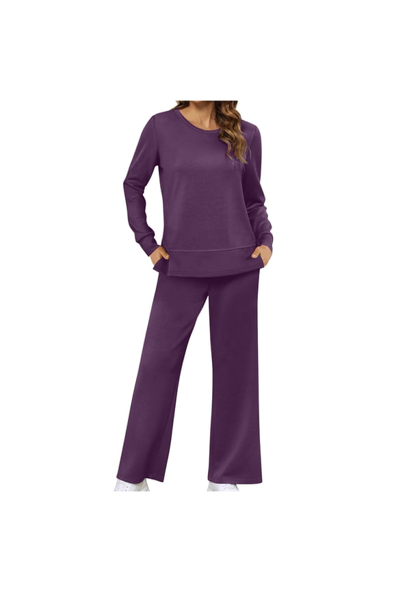 Women's Petite Sweatsuits Wide Leg Sweatpants and Sweatshirt Sets Jogging Suits Plus Size Loose Jogger Suits Purple L