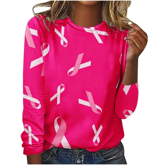 YUGYXL Women's Pink Ribbon Printed Long Sleeve T-Shirt Breast Cancer Awareness Tees Motivational Crew-Neck Top October Fall Blouse