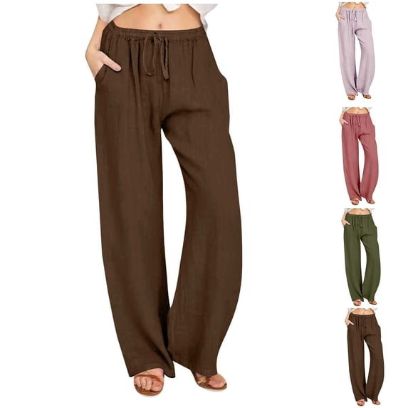 YUGYXL Women's Plus Size Long Pants Fashion Linen Straight Pants Drawstring Elastic Waist Loose Fit Trousers Holiday Beach Pants Brown XXXL